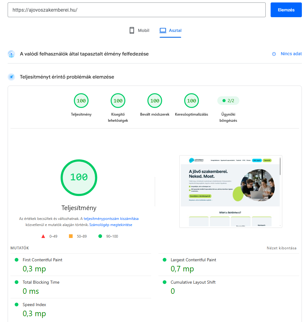 PageSpeed mérés az ajovoszakemberei.hu főoldalán: asztali nézetben mind a négy kategória 100 pontos