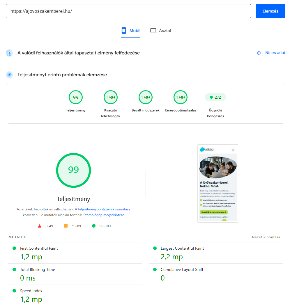 PageSpeed mérés az ajovoszakemberei.hu főoldalán: mobil 99 / 100 / 100 / 100