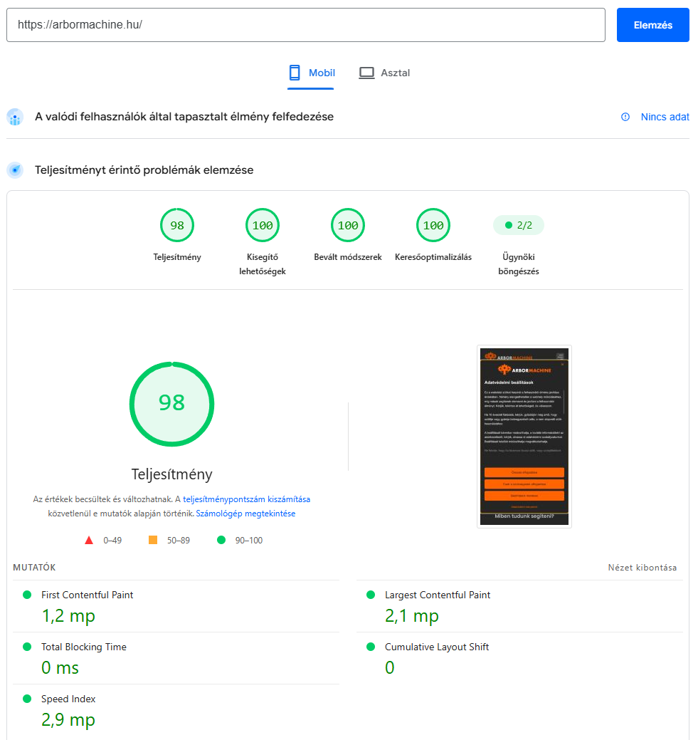 PageSpeed mérés az új Arbormachine-oldalon: mobil 98 / 100 / 100 / 100