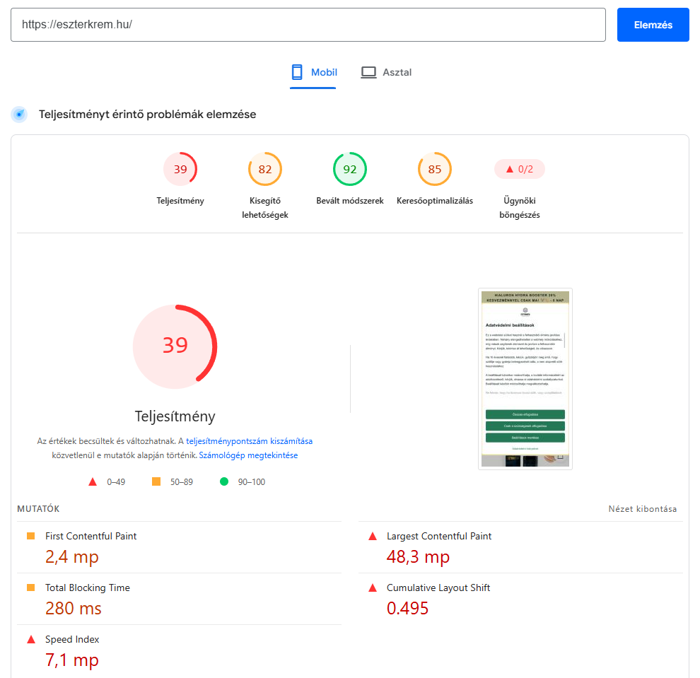 PageSpeed mérés a gyorsítás előtt: mobil teljesítmény 39 pont