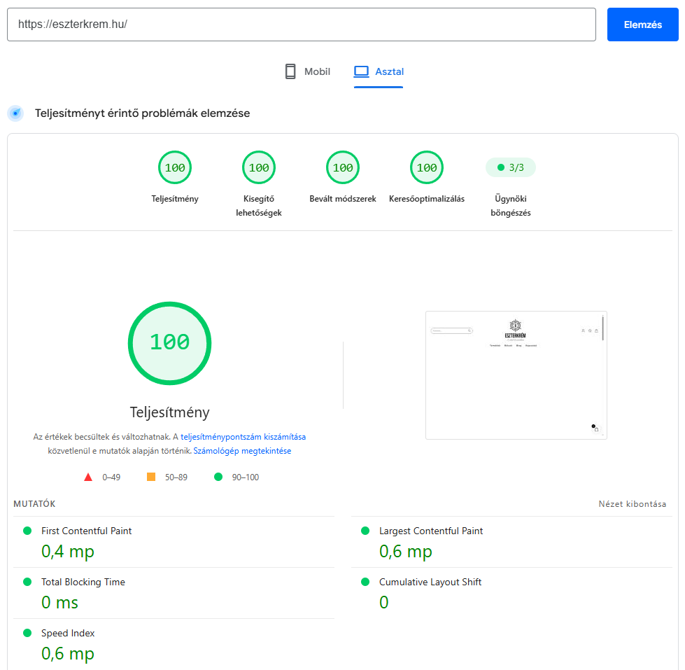 PageSpeed mérés a gyorsítás után: asztali nézetben mind a négy kategória 100 pontos