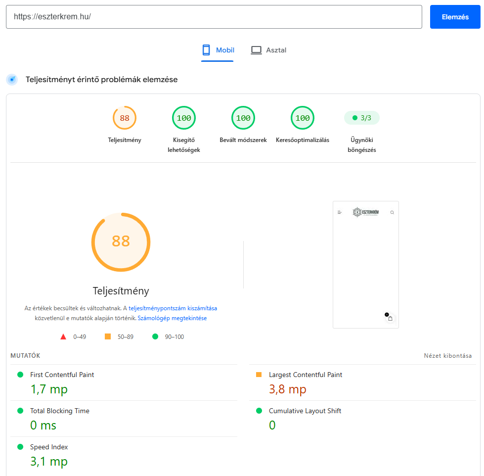 PageSpeed mérés a gyorsítás után: mobil teljesítmény 88 pont