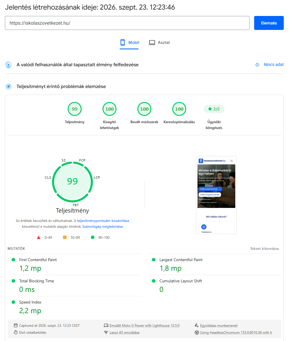 PageSpeed mérés az iskolaszovetkezet.hu főoldalán: mobil 99 / 100 / 100 / 100