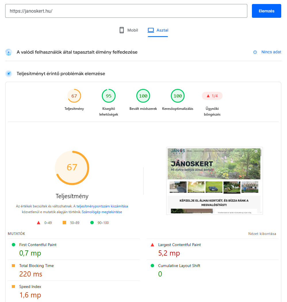 PageSpeed asztali előtte: teljesítmény 67