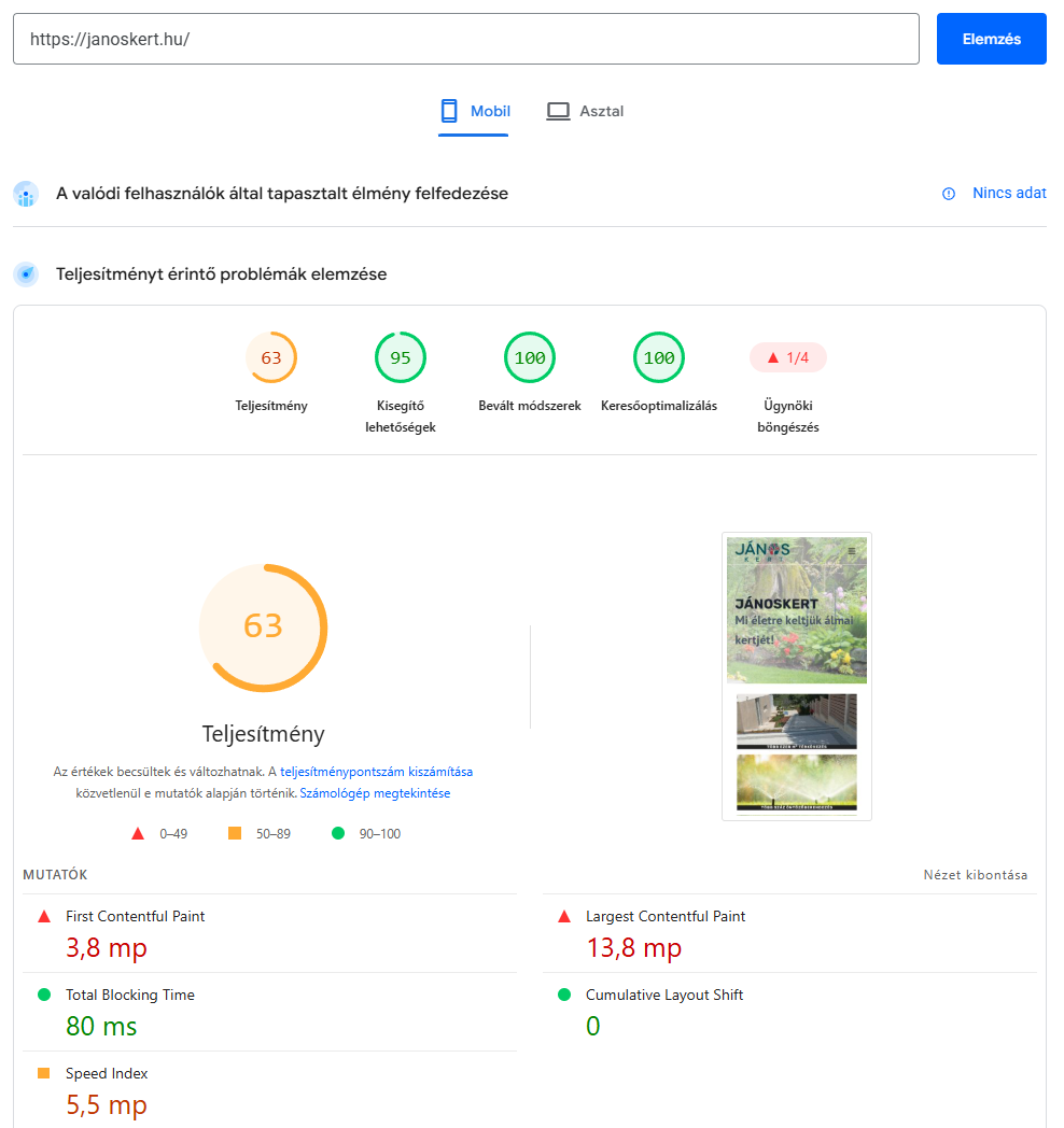 PageSpeed mobil előtte: teljesítmény 63