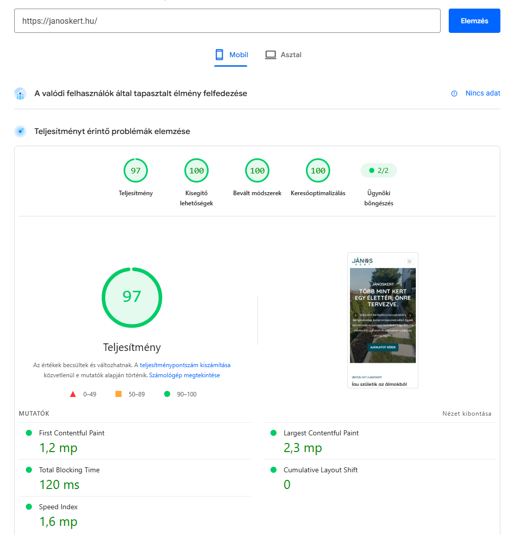 PageSpeed mobil utána: teljesítmény 97