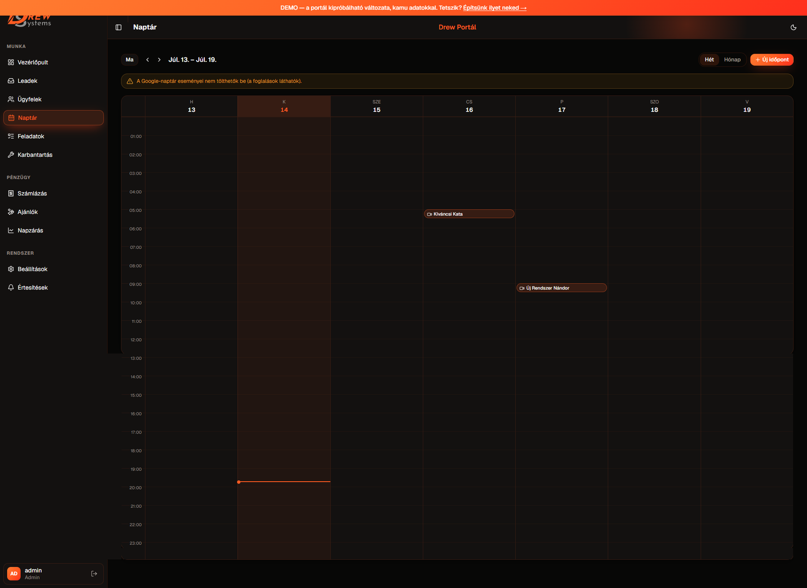 A Drew Portal naptár-nézete: heti idő-rács a foglalásokkal, Google Calendar szinkronnal