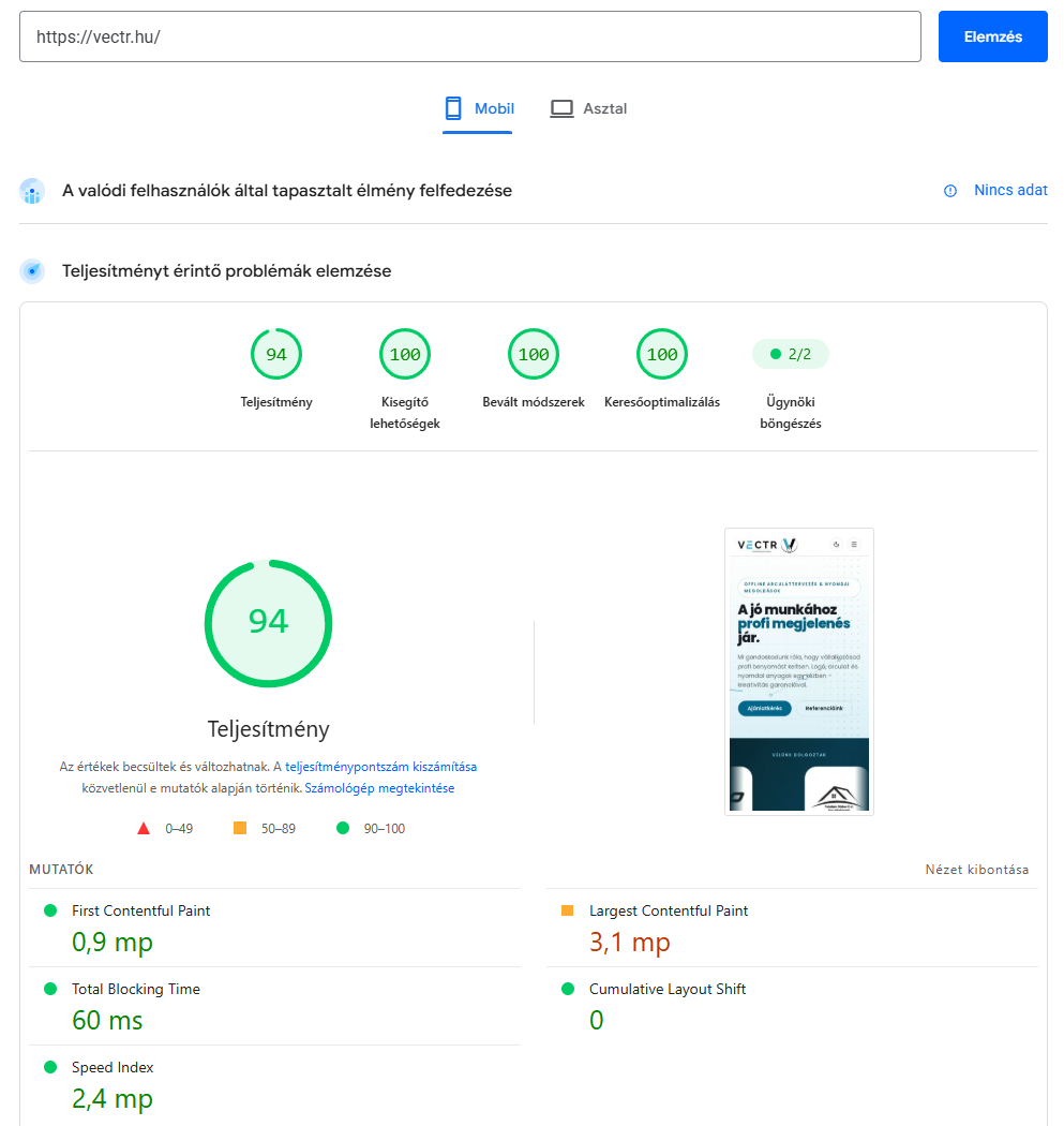 PageSpeed mérés a Vectr-oldalon: mobil 94 / 100 / 100 / 100